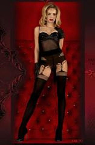 20/50 Denier Mock Garter Belt Pantyhose - Black/Beige -