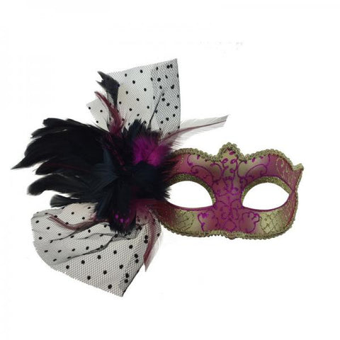 Hot Pink - Venetian Mask with Feathers Aside