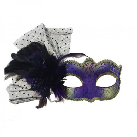 Purple - Venetian Mask with Feathers Aside