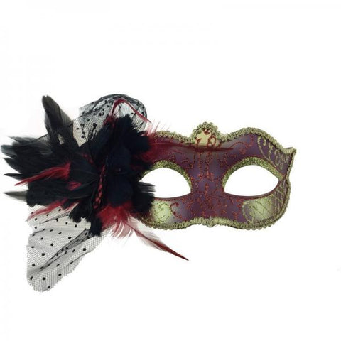 Red - Venetian Mask with Feathers Aside