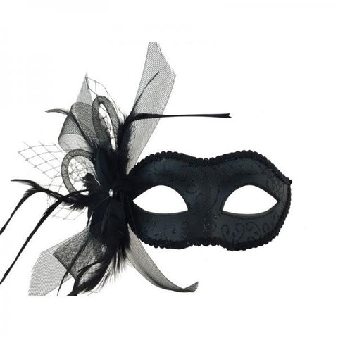 Venetian Mask with Feathers - Black