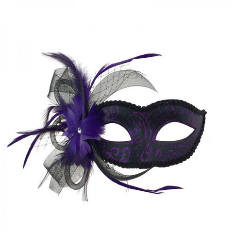 Venetian Mask with Feathers - Purple/Black