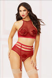 Applique & Mesh Bra Set - Burgandy