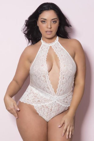 White - Lace Collared Keyhole Teddy - Size