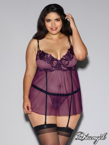 Plum/Black - Sheer Floral Babydoll & G-String - Size