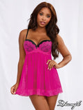 Magenta - Mesh and Lace Babydoll with G-String -