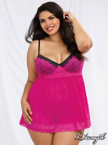 Magenta - Mesh and Lace Babydoll with G-String - Size