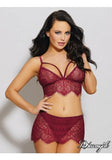 Raspberry - Eyelash Lace Bralette and Mesh Thong with Attached Skirt -