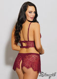 Raspberry - Eyelash Lace Bralette and Mesh Thong with Attached Skirt -