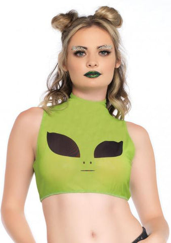 Green - Alien High Neck Mesh Crop Top -