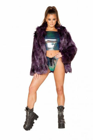 Plum - Hip Length Faux Fur Coat -
