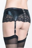 Black - Wet Look and Scalloped Lace Garter Belt -