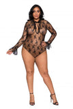 Black - Long Sleeved Keyhole Teddy with Ruffle Detail - Size