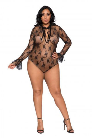 Black - Long Sleeved Keyhole Teddy with Ruffle Detail - Size