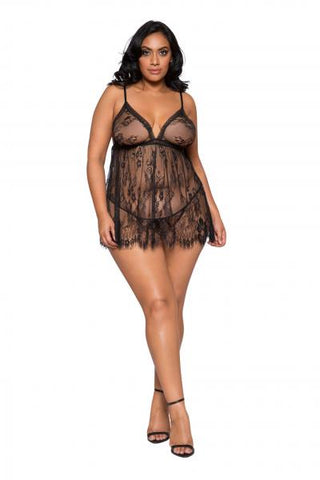 Black - Eyelash Lace Babydoll with Panty - Size