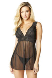 Black - Nora Mesh and Lace Babydoll with G-String -
