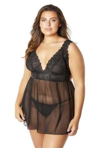 Black - Nora Mesh and Lace Babydoll - Size