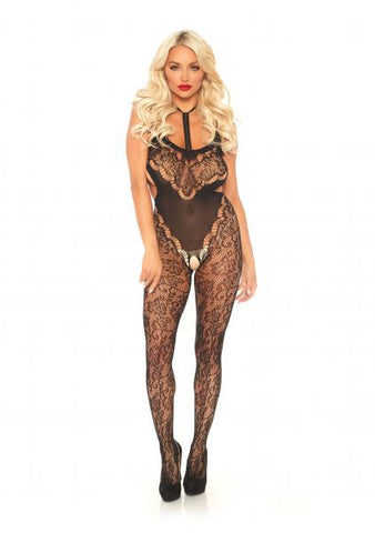 Black - Harness Halter Floral Lace Bodystocking - One Size