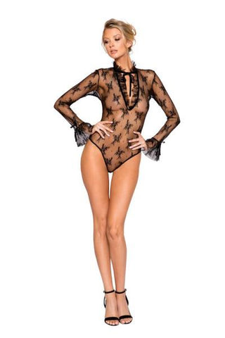 Black - Long Sleeved Keyhole Teddy with Ruffle Detail -