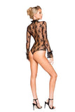 Black - Long Sleeved Keyhole Teddy with Ruffle Detail -