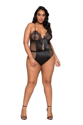Black - Satin and Lace-Up Teddy with Snap Bottom -