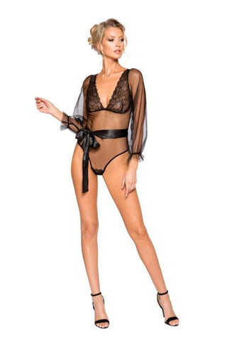 Black - Sheer Mesh Lace Long Sleeve Teddy with Satin Tie -