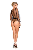 Black - Sheer Mesh Lace Long Sleeve Teddy with Satin Tie -