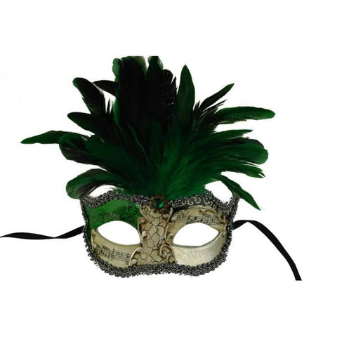 Venetian Mask with Feathers Atop - Green/White