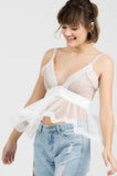 Sleeveless Mesh Deep V Neck with Lace Contrast - Ivory -