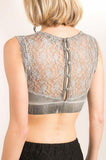 Floral Mesh Lace Bralette with Button Back Closure - Charcoal -