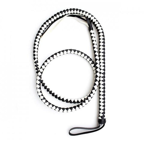 Bonded Leather Long Whip With Braided Handle - Black & White