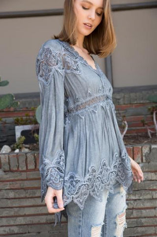 Bell Sleeve Tunic Top Pleat & Crochet Details - Grey