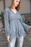 Bell Sleeve Tunic Top Pleat & Crochet Details - Grey