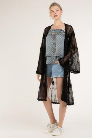 Tulle Embroidered Mesh Kimono - Black