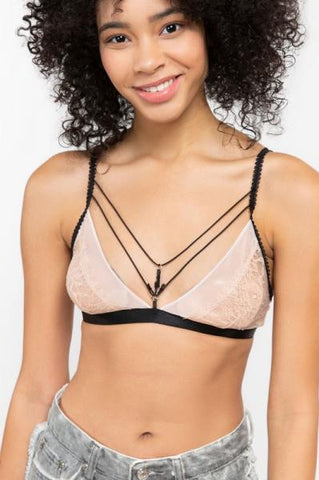 Sheer Lace Strappy Bralette - Pink/Black -