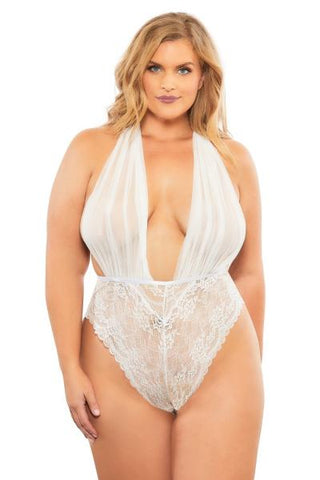 Aria Mesh Plunge Halter Teddy - White - One Size/Queen