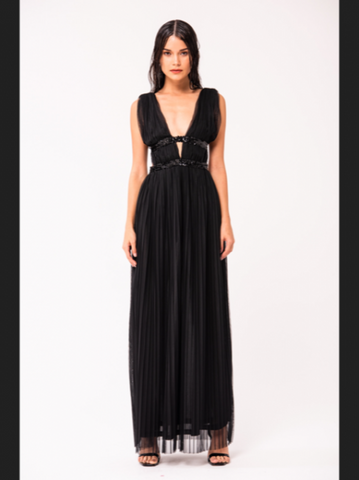 Black Long Mesh Dress With Sequin Details -