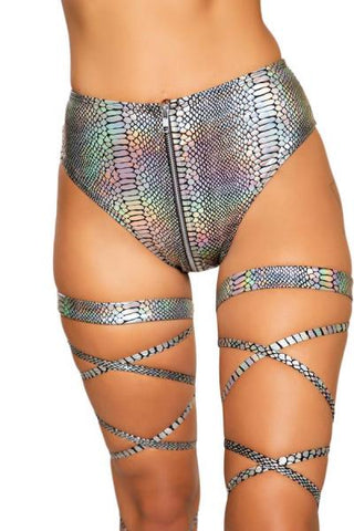 Snake Skin High-Waisted Shorts with Zipper Closure - Silver -