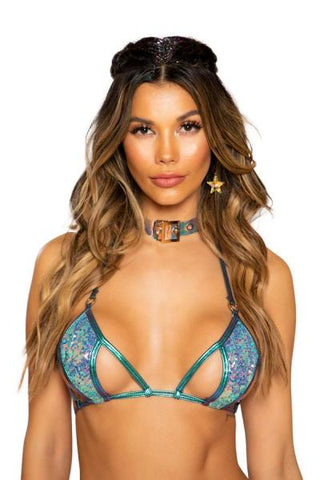 Sequin Cutout Tie Top - Jade Blue - One Size
