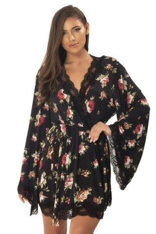 Reina Butterfly Sleeve Robe - Black/Floral -