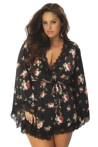 Reina Butterfly Sleeve Robe - Black/Floral - Size