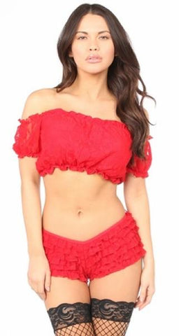 Lined Lace Short Sleeve Peasant Top - Red - One Size