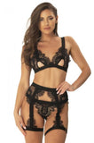 Janet Snake Print Eyelash Lace Three Piece Set - Black -