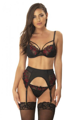 Esperanza Satin Dual Tone Lace Three Piece Set - Black/Red -