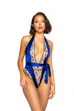 Low Plunge Floral Embroidery & Satin Teddy - Blue -