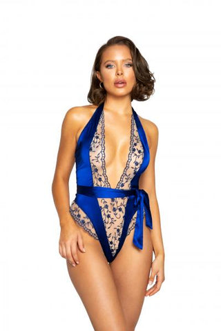 Low Plunge Floral Embroidery & Satin Teddy - Blue -