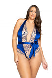 Low Plunge Floral Embroidery & Satin Teddy - Blue -
