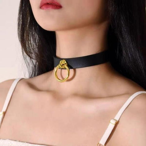 Black Leather Slave Collar With Gold Hardware -