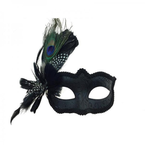 Venetian Black Mask with Peacock + Black/White Feathers