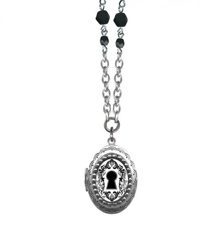 Small Keyhole Oval Pop Art Locket Necklace with Jet Glass Beads